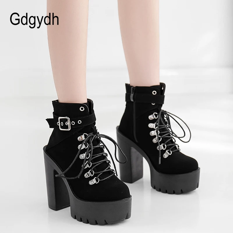 Platform Boots Women Lace Up Buckle Winter Shoes Thick Heel Autmn With Zipper Ankle Strap
