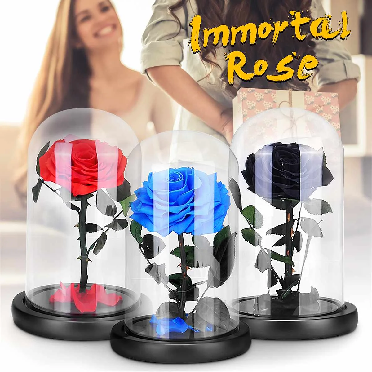 

Red/Blue/Black Forever Rose Flower Immortal Rose Valentine's Day Gifts Beauty and the Beast Eternal Red Rose In Glass LED Light