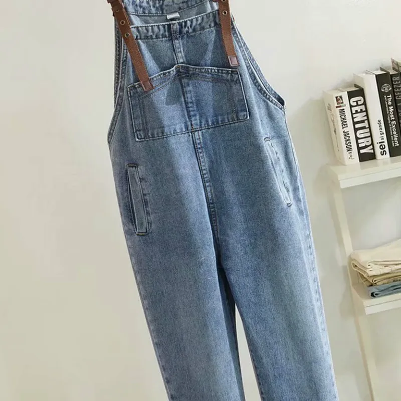 Women High Waist Boyfriend Denim Overalls for Women New Spring Loose Cotton Blue Ankle Length Jeans Plus Size