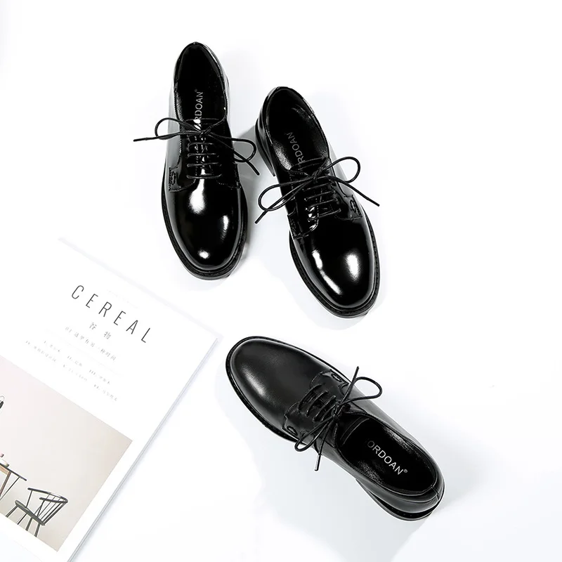 MORDOAN Genuine Cow Leather Oxfords Women Shoes Lace-Up Ladies Brogue Flat Derby Shoes Patent Leather Big Size 44 45 46