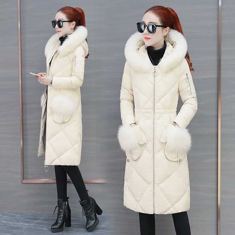 

PU Leather Cotton-padded Jacket Women's Mid-length Waist Hugging 2019 New Style Really Fox Fur Collar down Jacket Cotton-padded