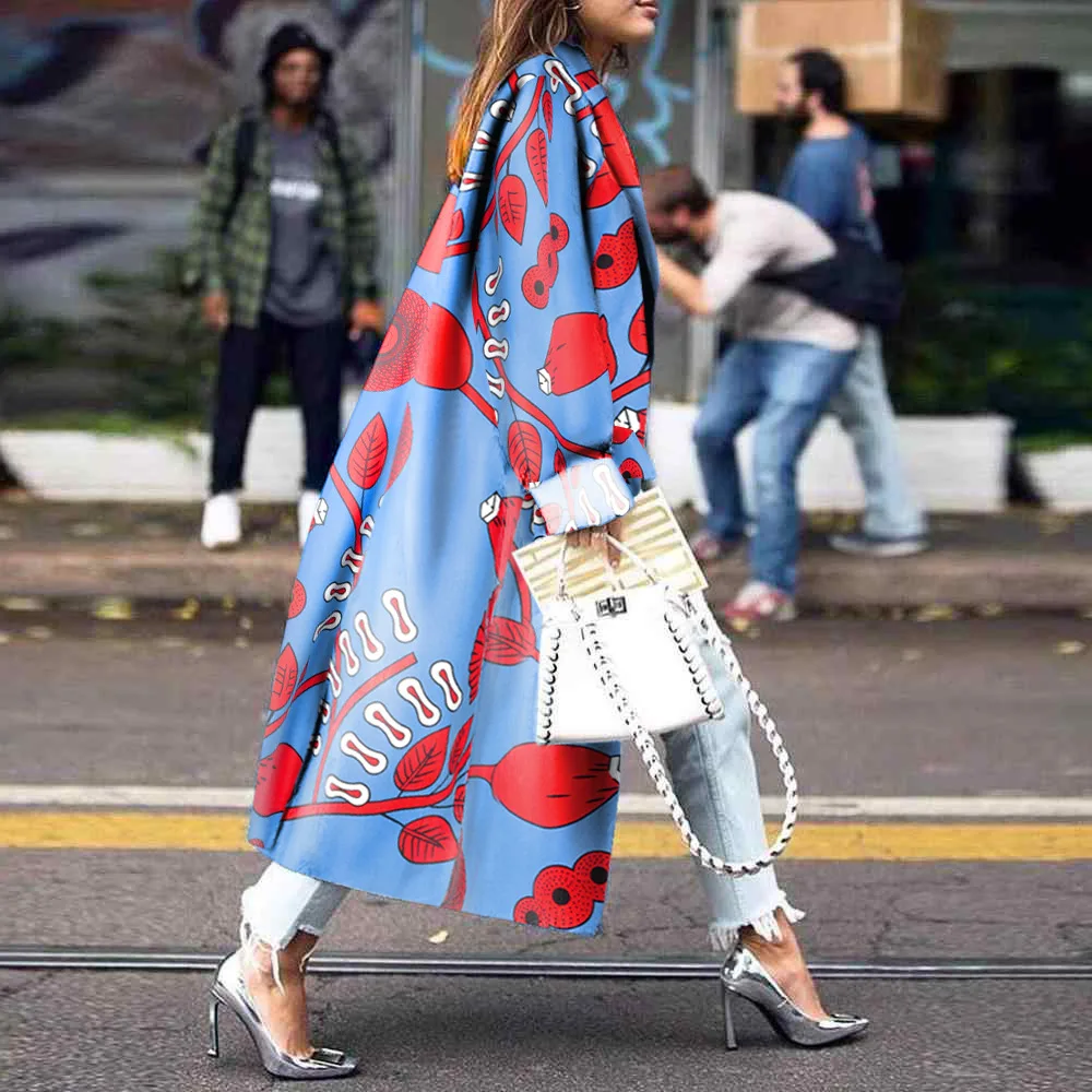 

2020 Fashion Autumn and Winter Women's Fashion Wool coat loose print personality long sleeve coat