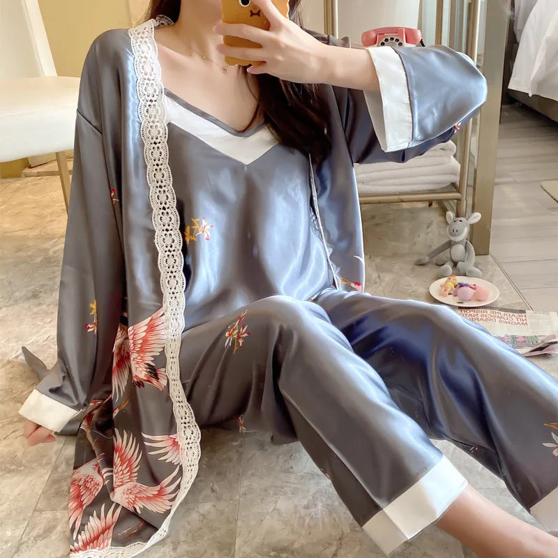 

2020 Pajamas New Style Spring New Products Imitated Silk Fabric Three-piece Set-Home Wear Gray