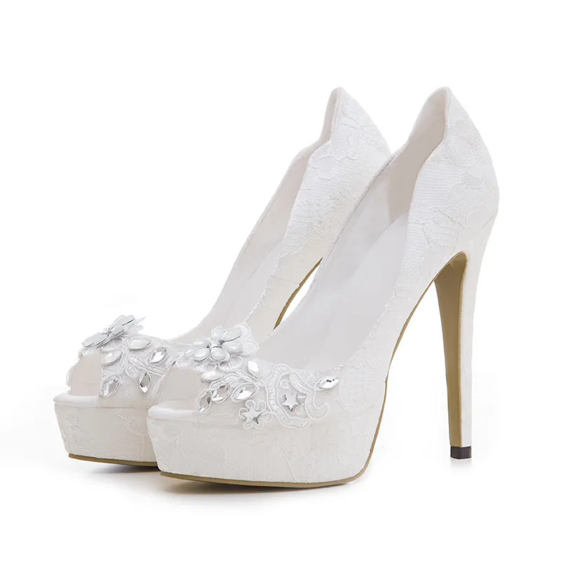 

Cocoafoal Woman Peep Toe High Heels Shoes Plus Size 33 - 43 Party Crystal White Wedding Pumps Embroider Sexy Pumps