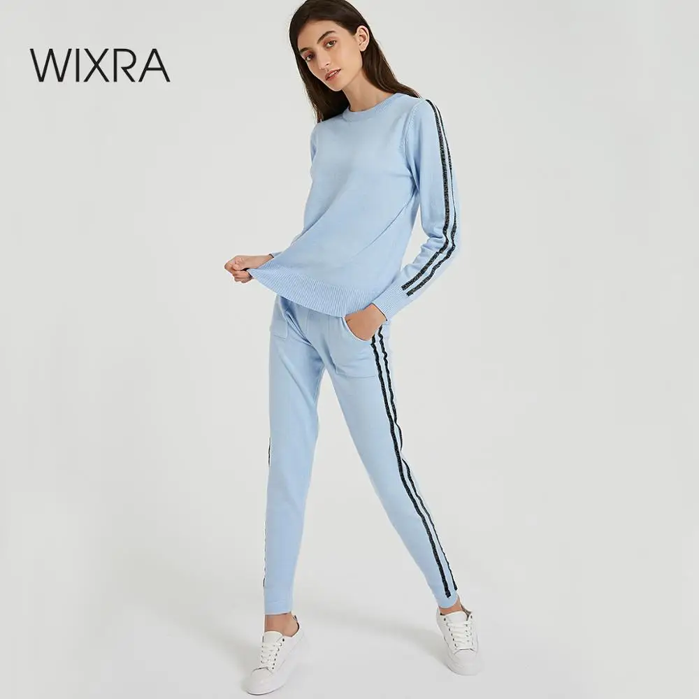 

Wixra Autumn Winter Women's Sweater Sets O Neck Soft Sweater Tops Pockets Striped Long Knitted Trousers Casual Sets 2PCS