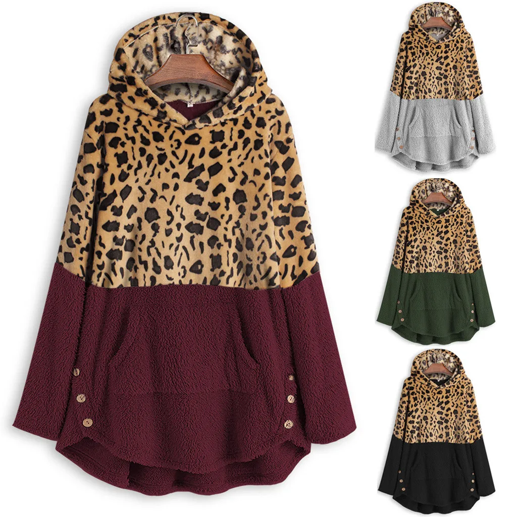 Толстовки для женщин леопардовый принт пэтчворк карманы флис с длинными рукавами теплые зимние плюс размер 5XL толстовки# YJ2
