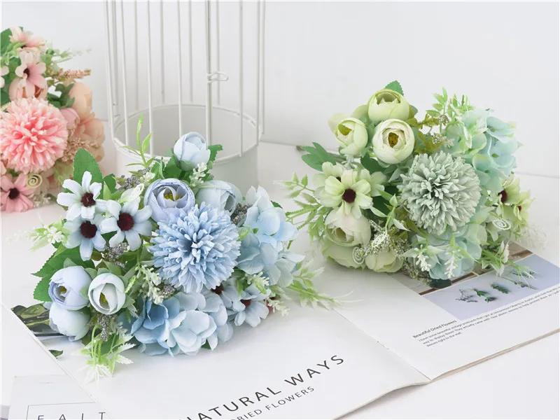 European Fake Rose Peony Flower Small bouquets Home Decor,Artificial Wedding Flowers Hydrangea Pompom Light Color Faux Flowers