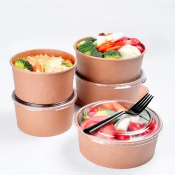 

50pcs/pack Large Capacity Disposable Kraft Paper Bowl With Paper Lid Eco Takeaway Food Package Paper Cup Paper Lunch Box