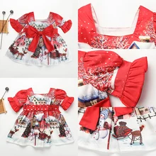 Рождественское платье для девочек с квадратным воротником; ТРАПЕЦИЕВИДНОЕ ПЛАТЬЕ С бантом; Vestido infantil; осенние платья с короткими рукавами для девочек; Рождественская одежда для снежной ночи; D30
