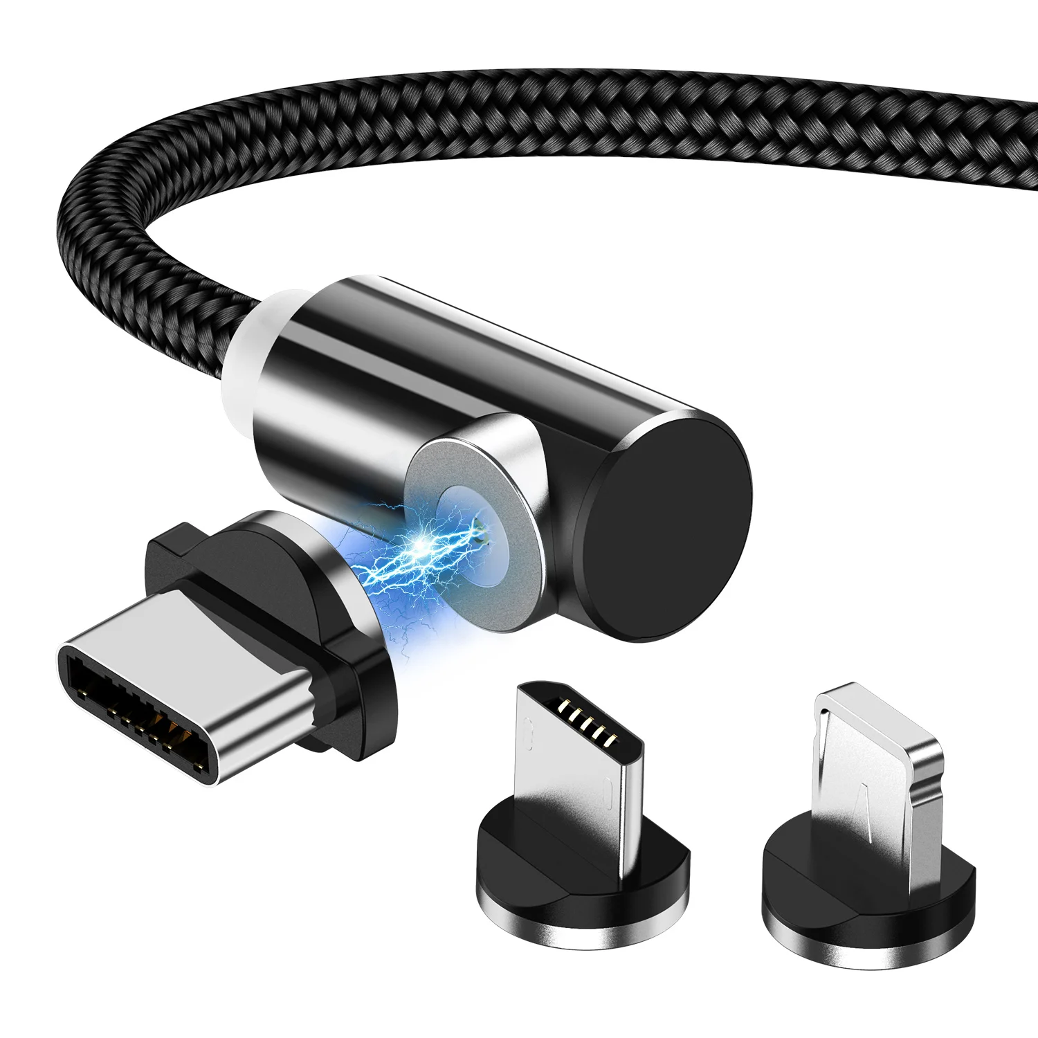 GTWIN Магнитный Micro USB кабель 90 градусов для iPhone 7 Магнит USB C локоть зарядки для huawei type C Android мобильного телефона зарядное устройство - Цвет: Black Micro 3 Plugs