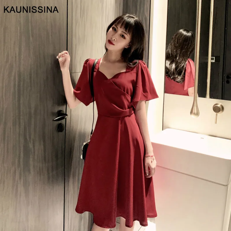 Красный KAUNISSINA короткое коктейльное платье с высокой талией, плиссированные вечерние платья с коротким рукавом и v-образным вырезом, летние платья для выпускного вечера, платья на день рождения - Цвет: Красный