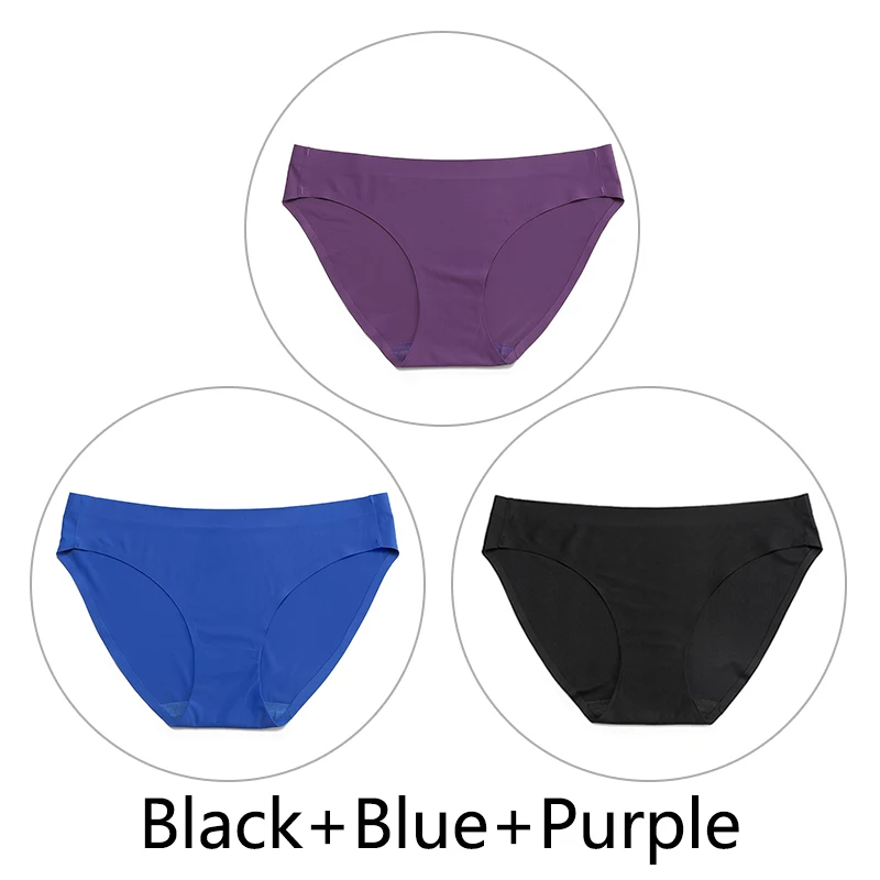 Black-Blue-Purple 3 шт./партия, цельные бесшовные трусики, женское шелковое нижнее белье, сексуальные трусы с полной спинкой, нижнее белье с низкой посадкой, женское мягкое эластичное, американский размер - Цвет: Black-Blue-Purple