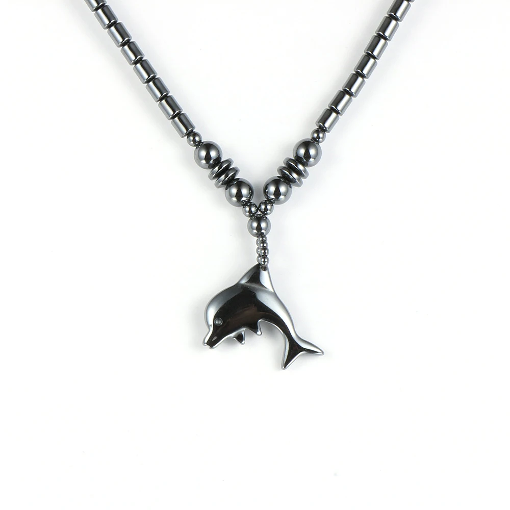 

Unisex Men Women Natural Stone Black Hematite Cute Dolphin Pendant Necklace 18" Beaded Choker Necklaces 2020 Female Jewelry Gift