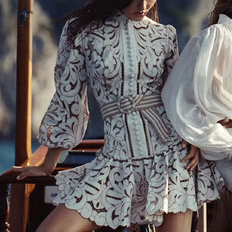 

Vintage Dress Women Embroidery Lantren Sleeve Hollow Out Women Lace Dress Long Sleeve With Braces skirt