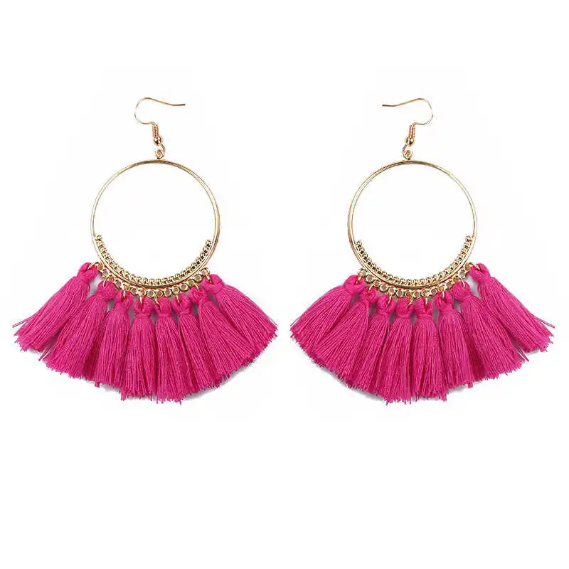 Винтажные висячие женские серьги-кольца Boho с бахромой, модные серьги в богемном стиле - Окраска металла: 6Rose Red
