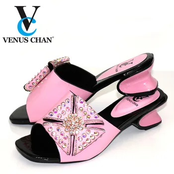 

Peep Toe Pink Color Women Shoes Without Bag Set Decorated with Rhinestone Pumps Italian Shoes Ladies Sandals Adults