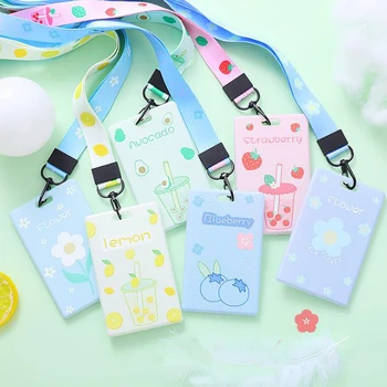 

1 Pcs Cartoon Fruits Avocado Strawberry Peach Flower Badge Card Case with Lanyard Bank Credit ID Card Holders Korean Stationery