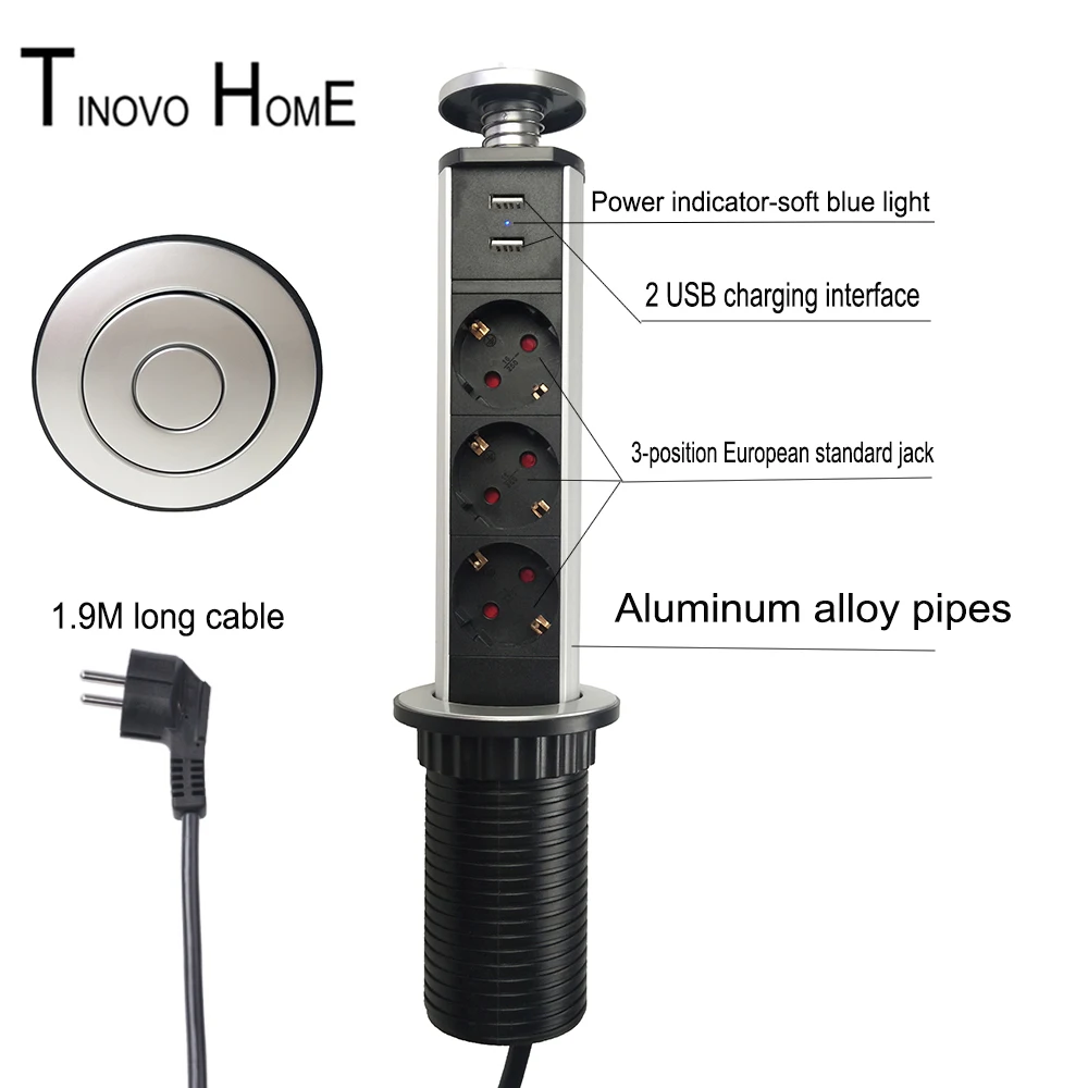 

pull up socket / EU plug Desktop socket / aluminum alloy / Kitchen socket /Tables socket / 3- power with USB charging 5V 2.1A