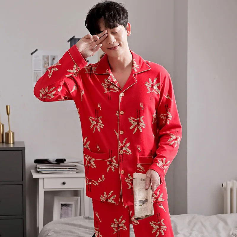 

Red Festive Pajamas Men's Spring And Autumn Pure Cotton Cardigan Long Sleeve Autumn Men Cotton Large Size Homewear Set