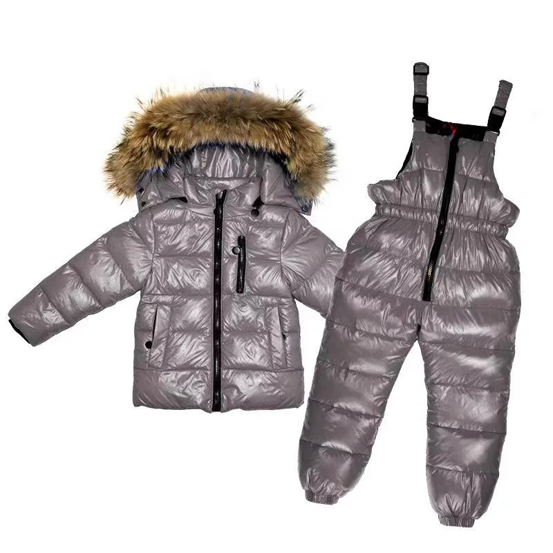 Комплекты детской одежды зимний теплый детский лыжный костюм с натуральным мехом на утином пуху для девочек, детский лыжный костюм, зимний пуховик для мальчиков+ штаны