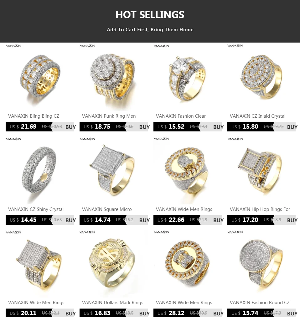 VANAXIN CZ инкрустированные кристаллами круглые кольца золото/серебро цвет хип-хоп модные круглые кольца мужские обручальные широкие Bling ювелирные изделия подарок