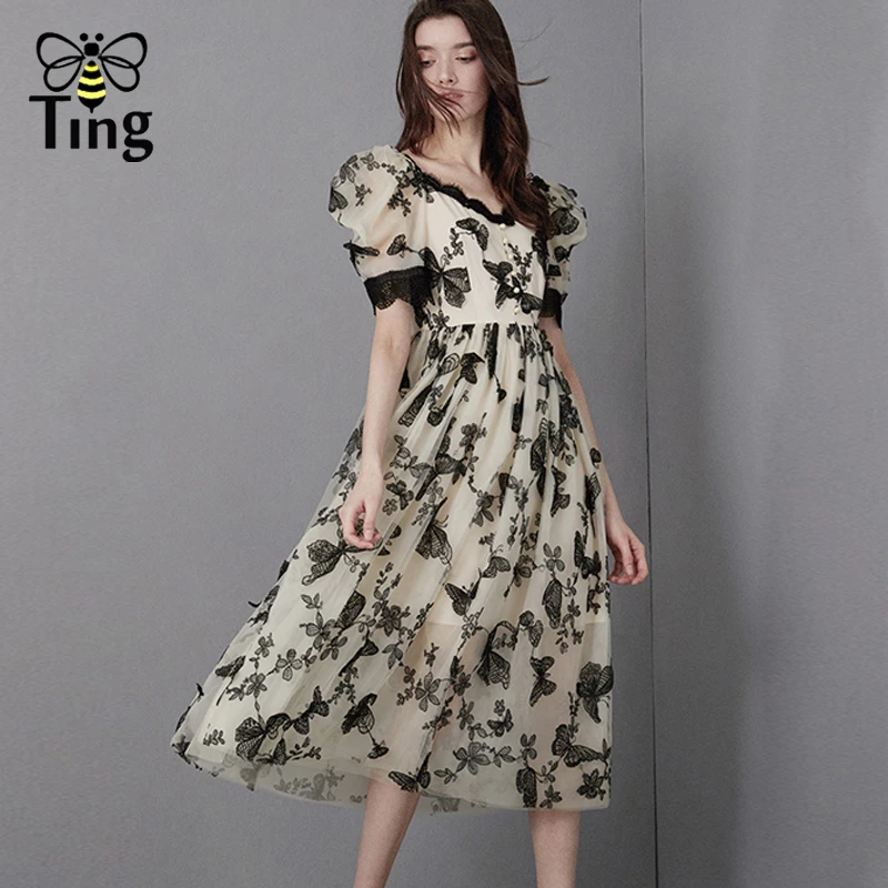 Tingfly Runway Design Butterfly Embroidery Summer Party Dresses Vintage  Elegant Women Midi Long A Line Dress Aesthetic ZA