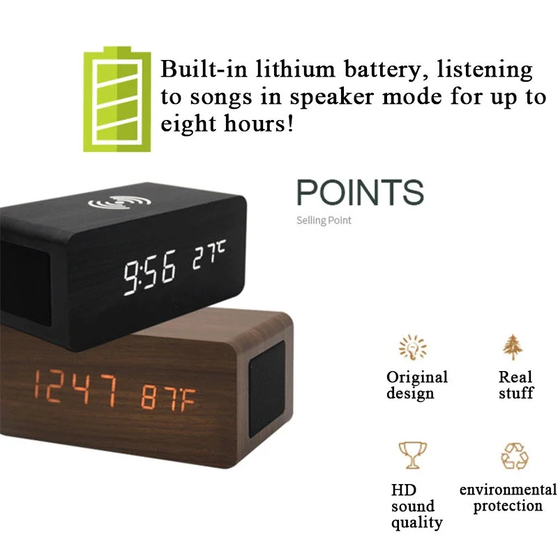 Беспроводная зарядная панель монитор температуры Будильник Bluetooth динамик