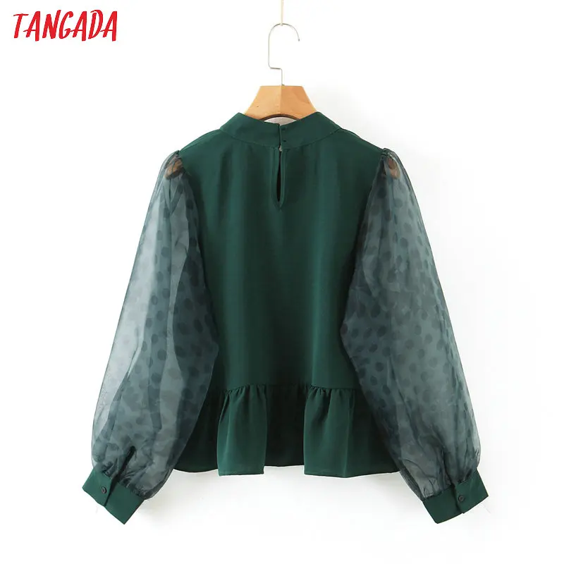 Tangada, женские зеленые рубашки в горошек, сетчатые Лоскутные Блузы с длинным рукавом и стоячим воротником, Свободные повседневные блузы, топы SL166