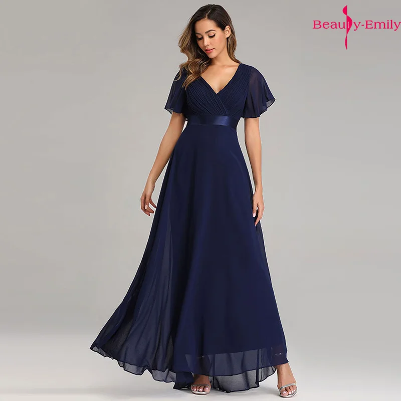Beauty-Emily вечернее платье с коротким рукавом, элегантное шифоновое вечернее платье с v-образным вырезом и оборками, вечернее платье, платье для вечеринки, Robe De Soiree