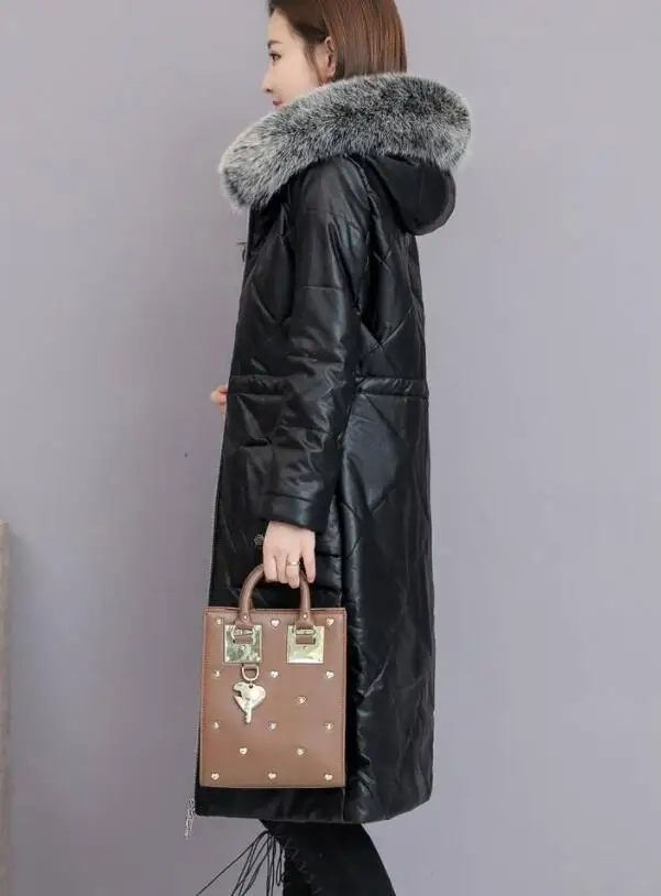 Зимний женский тонкий длинный натуральный мех лисы с капюшоном кожаный хлопковый пуховик женский Макси утепленная верхняя одежда Kосуха R256