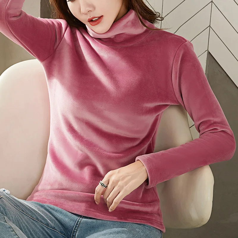 Autumn Women Korean Turtleneck Long Sleeve Velvet T-shirt Casual Ladies SLm Solid Streetwear Tee Tops WDC9743 friends t shirt Tees