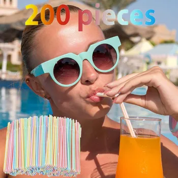 

200 Pieces Disposable Straws Flexible Plastic Drinking Straws 8 Inches Long Multi-colored Striped Bedable Bar Accessories