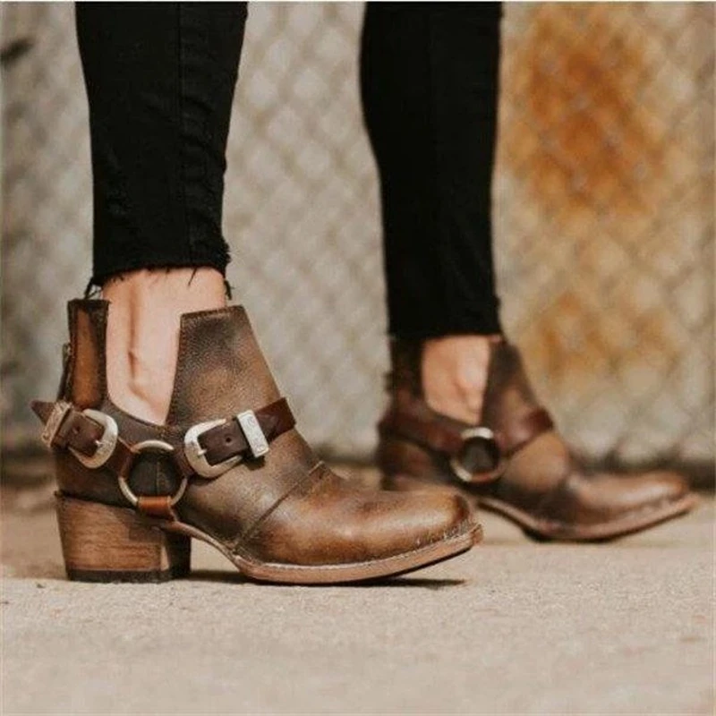 

Women Boots Summer Autumn Med Chunky Heel Pointy Toe Leather Short Ankle Pumps Bucke Strap Boot Plus Size Female Shoes
