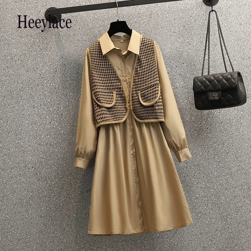 

Set Autumn Retro Woman Dress Two Piece Set French Vintage Long Sleeve Polo Collar High Waist A-line Dress And Vest Set