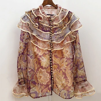 

Elegant Silk Print Blouse For Women Autumn Long Sleeve Blouse Tops Women Fashion Blouse