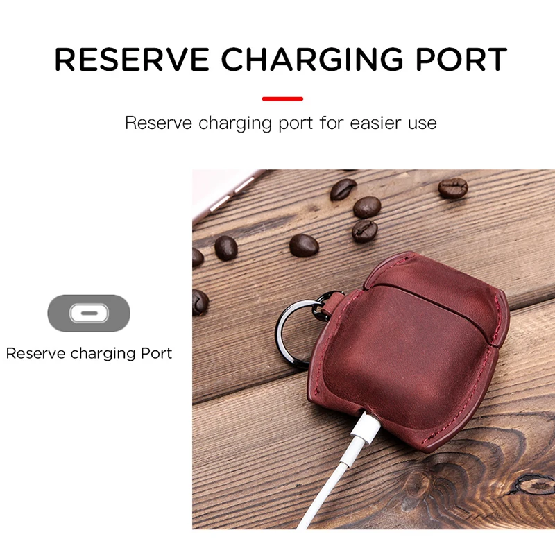 10P wholesale Premium Genuine Leather Portable Shockproof Protective Cover with Keychain for Apple AirPods 1&2 Charging Case