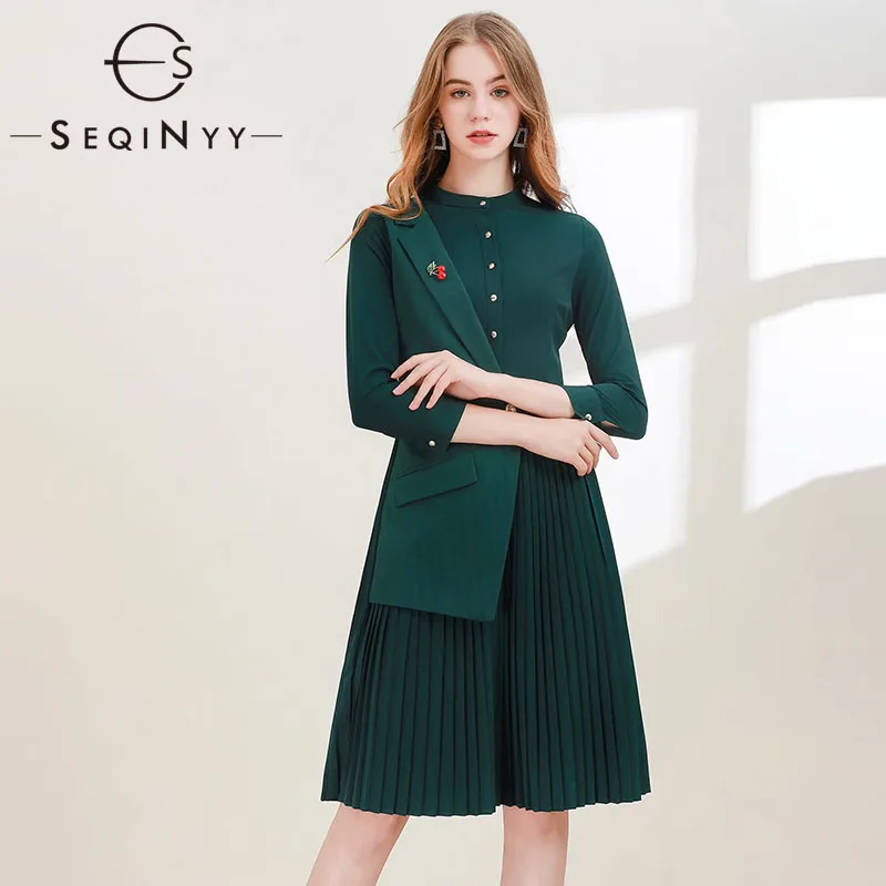 SEQINYY Dark Green Dress Summer Spring New Fashion Design Women 3/4 Sleeve Pleated Cherry Brooch Office Lady Dress