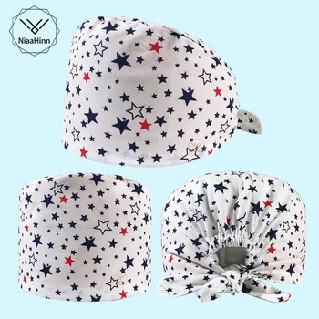 

White star print pattern Hospital Surgical Medical Cap doctor Operating room Hats Dentistry Beauty work hat Pet doctor nurse hat