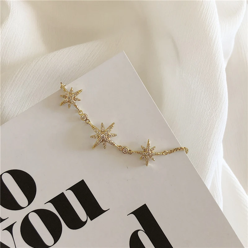 HUANZHI Korean New Pullable Astral Micro-inlay Rhinestone Spar Golden Chain Adjustable Jewelry Bracelet for Women Girls