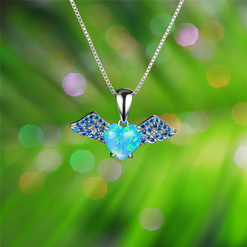 Silver Blue Милое женское ожерелье с подвеской в виде маленького ангела, серебряное розовое золото, свадебное ожерелье для женщин, винтажное ожерелье с голубым белым опалом - Окраска металла: Silver Blue
