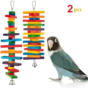 

2 Pack Bird Toys Parrot Bird Chew Toy with Bell Multicolored Wooden Block Bite Toys Wooden Block Bird Parrot Toys for Small and