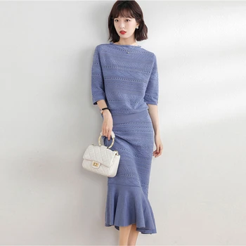 

Elegant Blue Knit Set Autumn Women's O-Neck Hollow Out Knitted Sweater Tops + Fashion Bodycon Mermaid Skirts Suits 2 Piece Sets
