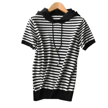 

Summer T-shirts Women Stripe Short Sleeve Linen Knitted Pullover Tops With Hood Hollow Out Casual T Shirt Basic Blusas Cool Tees