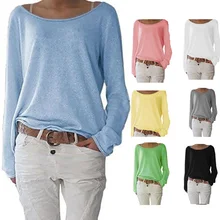 Женские Осенние футболки с длинным рукавом, пуловер с большим круглым вырезом, свободные облегающие топы, осень, новинка, короткий топ с открытыми плечами, футболки