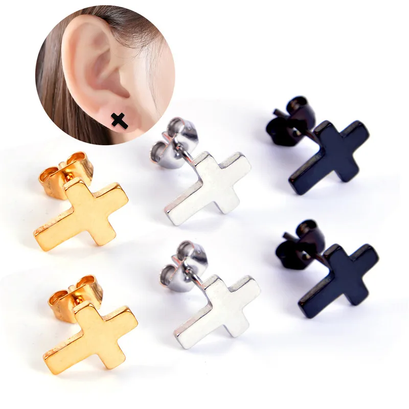 1 пара из нержавеющей стали крест пирсинг маленькие серьги-гвоздики для женщин мужчин Панк Простой: золото, серебро, черные маленькие сережки Ювелирные изделия E406