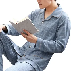 Men Sleepwear Striped Cotton Pajama Sets for Men Short Sleeve Long Pants Sleepwear Pyjama Male Homewear Lounge Wear Clothes