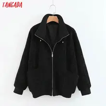 Tangada, Женские флисовые плюшевые пальто, куртка, черная, свободная, с длинным рукавом, с карманом, на молнии, Дамское, элегантное, осеннее, зимнее пальто, 3Z77