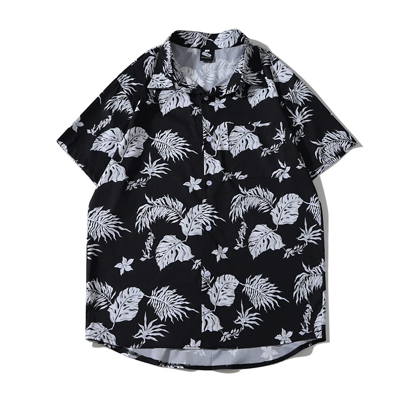 

Black Color Leaves Printed Button Up Hawaiian Shirt for Men Short Sleeve Men's Summer Holiday Aloha Shirt with Front Pocket