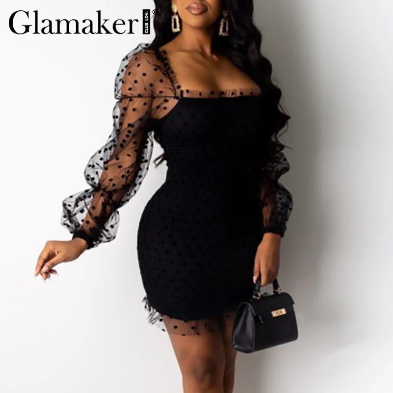 Glamaker, сексуальные вечерние короткие кружевные платья, женское винтажное клубное мини-платье в горошек, Бандажное платье с высокой талией и оборками, Пышное Платье с длинными рукавами