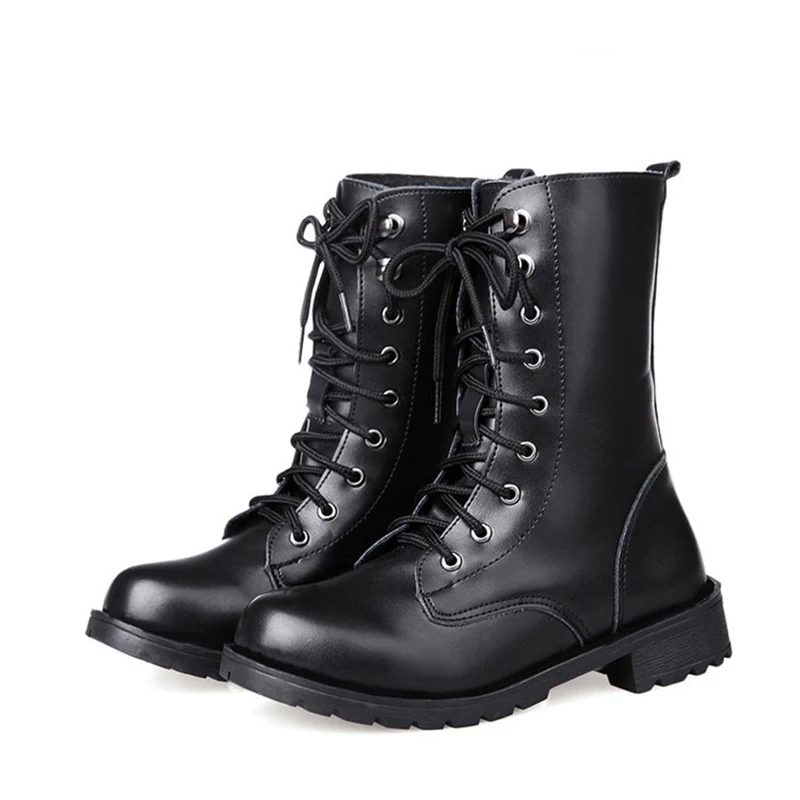 

Plus Size 42 for Women Lace Up Motorcycle Boots Round Toe PU Leather Boots Shoes Ladies Combat Military snow Boots